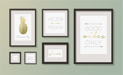 Set of art picture frames. Modern vector frames mockup. Picture frames template isolated on background. Golden pineapple and optimistic messages poster. Vector collection easy editable for You design.