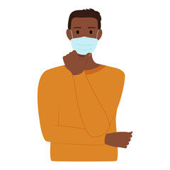Dark skinned man in medical mask to protect against virus on white background, vector illustration