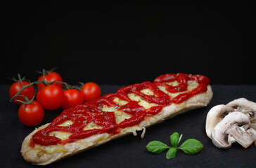 Open-faced toasted cheese sandwich with ketchup - obrazy, fototapety, plakaty