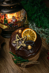 Christmas, chocolate cupcake on a wooden table
