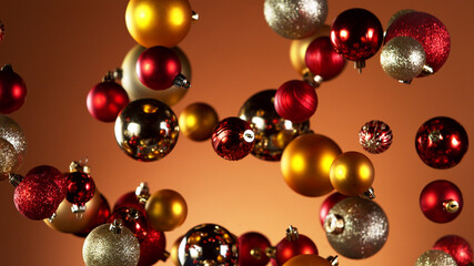Fototapeta na wymiar Flying christmas balls on coloured background