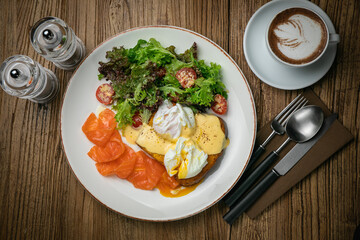English breakfast, toast, poached egg, sauce, salmon
