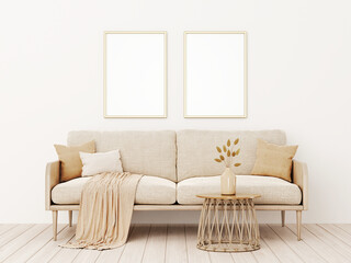 Vertical poster mockup with two frames in living room interior with beige sofa, pillows, plaid, dried grass, basket table and boho style decoration on empty wall background. 3D rendering, illustration