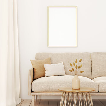 Vertical frame mockup in warm living room interior with beige sofa, pillows, dried grass in vase and boho style decoration on empty wall background. 3D rendering, illustration