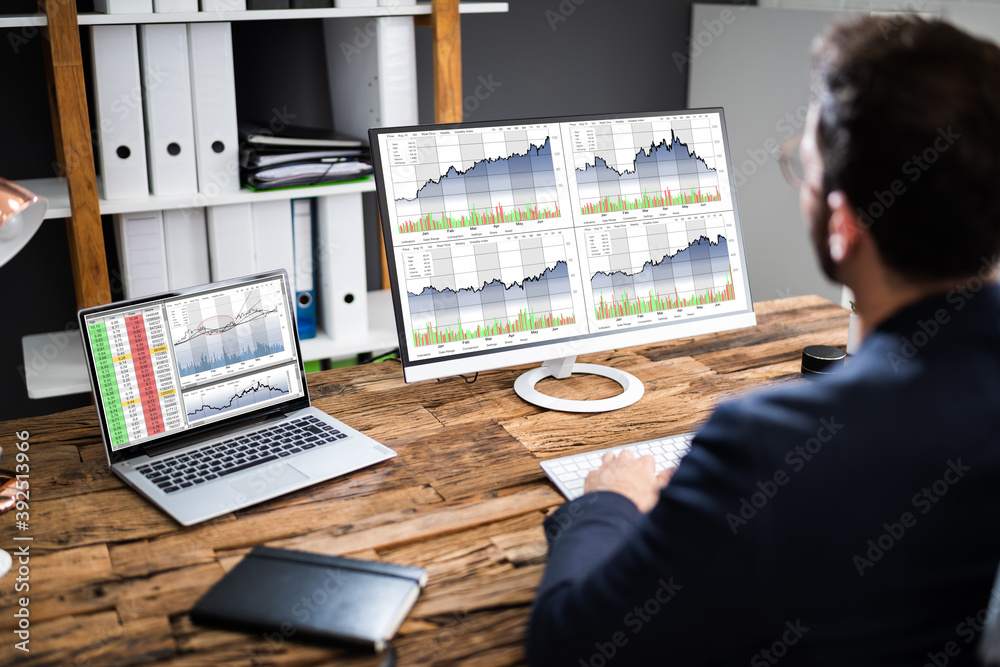 Poster stock exchange business analyst using computer