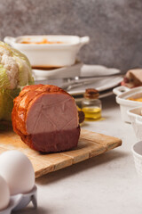 Meat and sausage delicacies. Cold cut. Sausage, bacon, carpaccio, knuckle.