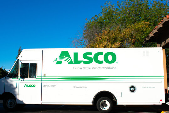 Alsco service vehicle parked at customer business. Alsco, a private company, is a linen and uniform rental business service provider - San Jose, California, USA - 2020