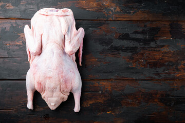 Fresh raw whole duck on dark wooden background, top view, with space for text