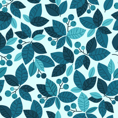 Fototapeta na wymiar Blue trends leaves and berries. Hand-drawn vector seamless pattern for poster, card or background