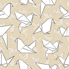 Beige pattern with origami birds. Paper Oriental art for printing, web, packaging, fabric, and Hobby.