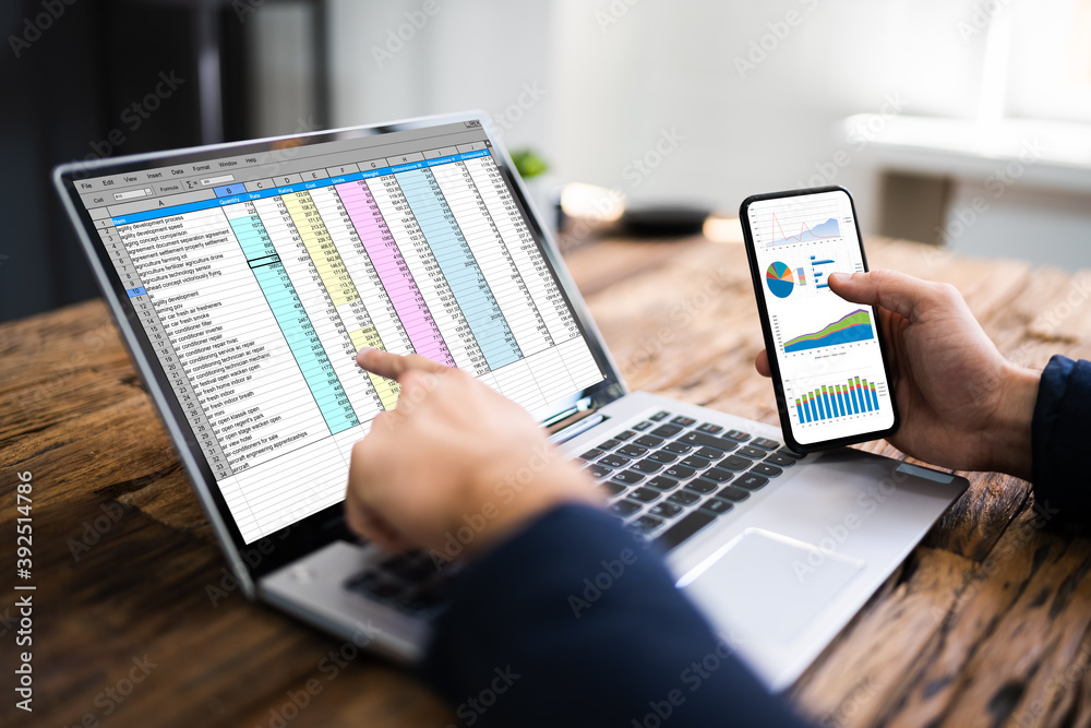 Poster analyst employee using spreadsheet