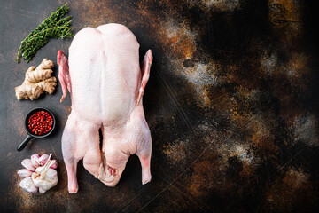 Recipe for cooking whole duck meat on old dark background, top view, with copy space