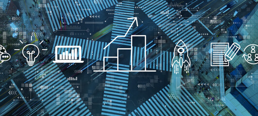 Business growth analysis with busy city traffic intersection