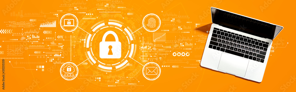 Poster internet network security concept with a laptop computer on a desk