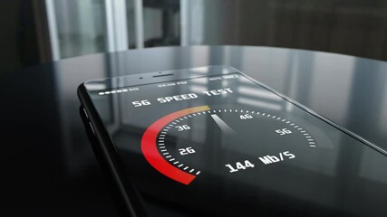 5g cellular technology and speed test mobile application running on the smartphone. On the screen comparison of the 2g 3g 4g and newest networks. Connection displays high speed of data transfering. - Powered by Adobe