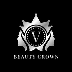 ladies face with crown letter V luxurious alphabet for bridal, wedding, beauty care logo, personal branding image, make up artist, or any other royal brand and company