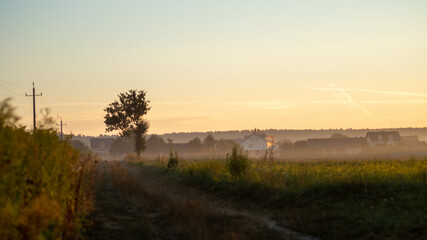 Fototapeta na wymiar mgła nad Polską wsią 