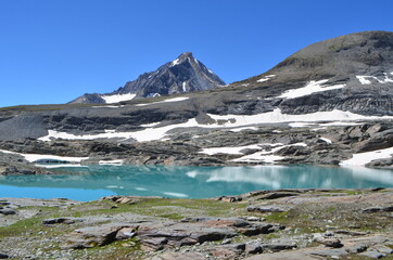 View of the Dent Parrachée mountain with the lac de l'Apont in the Vanoise National Park, France