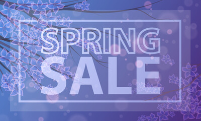 Blooming cherry on blue background with frame and lettering sale. Sakura flowers, petals. Wallpaper, greeting cards for spring sale, holidays, birthday, valentine's day. Vector illustration.