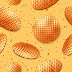 Pattern wallpaper with belgium round waffle with gold, orange colors, dots, crumbs isolated on yellow background. Vector illustration. Cartoon food, meal icons, logo.