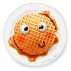 Belgium round waffle with Embarrassed, confused smile, text, honey, jam, jelly on the white plate, dish on white background. Vector illustration. Cartoon food, meal icons, logo, icon, emoji, emotion.