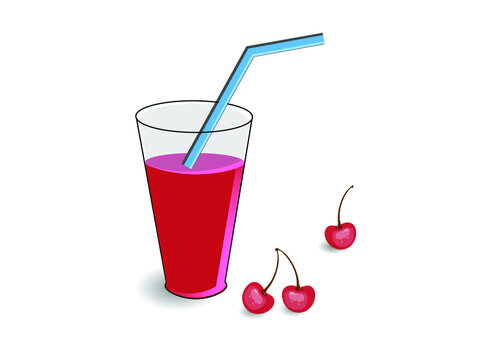 Cherry juice in a glass cup with ripe berries nearby. Vector drawing for design.