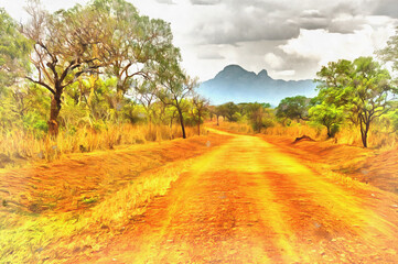 Fototapeta premium Rural road colorful painting, Karamoja Uganda.