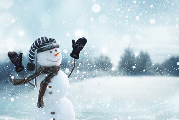 Cute smiling snowman with striped hat and scarf. Winter fairytale.Merry christmas and happy new...