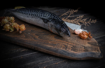 Fresh raw mackerel on the kitchen board. Old textured wooden table. Top view.