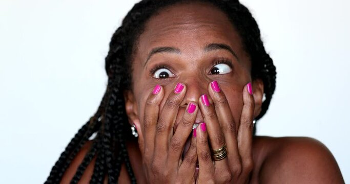 Neurotic nervous African american woman reacting with TERROR emotion