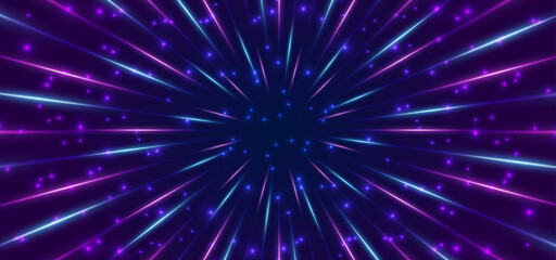 Fototapeta na wymiar Abstract circular geometric background with blue and purple light. Starburst dynamic lines or rays. Sci-fi motion wallpaper with infinity and space speed motion