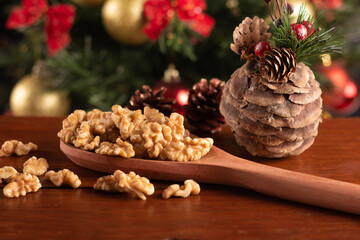 Traditional christmas food walnuts. Christmas Party Decoration.