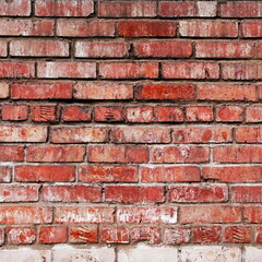 Grunge Red Brick Wall Background. Aged Wall Texture. Weathered Brickwork. Grungy Stonewall Background. Rough Texture Block Wall. Square Image.