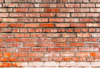 Grunge Red Brick Wall Background. Aged Wall Texture. Weathered Brickwork. Grungy Stonewall Background. Rough Texture Block Wall.