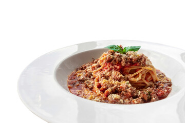 Plate of Italian Pasta Isolated On White Background. Traditional Spaghetti With Tomato Sauce, Basil and Cheese. Top View With Copy Space.