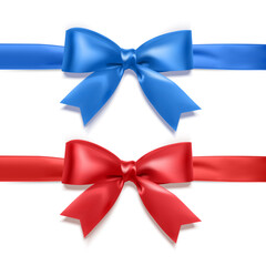 Set of realistic bows of red and blue colors for decoration of postcards, holiday boxes, etc., bows for decoration on a white background, vector illustration