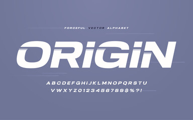 Forceful sans serif vector alphabet, font, letter and number set