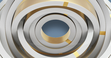 Minimalist abstract circle structure - gold and white colours. 3D render