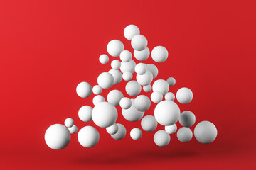 christmas concept, christmas tree made of balls on red background, copy space