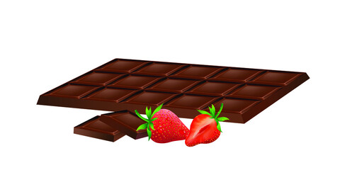 A bar and pieces of dark chocolate with strawberries nearby. Vector realistic illustration for design.