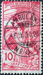  painting of a woman in Art Nouveau on the occasion of the 25th anniversary of the Universal Postal Union (UPU)  red