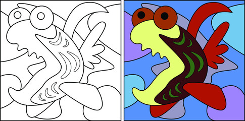 Vector drawing of decorative fish. Linear, contour image for coloring and a sample in color. A book for children's creativity.