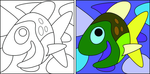 Vector drawing of decorative fish. Linear, contour image for coloring and a sample in color. A book for children's creativity.