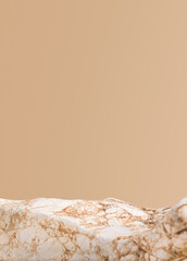 Stone podium for cosmetic products and perfume on beige color background.
