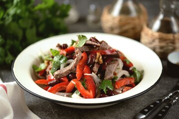 Salad with beef, bell peppers, onions, red beans, walnuts, cilantro, olive oil and wine vinegar.