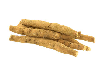Ashwagandha Dry Root Medicinal Herb, also known as Withania Somnifera, Ashwagandha, Indian Ginseng, Poison Gooseberry, or Winter Cherry. Isolated on White Background.
