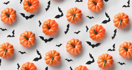 Halloween pumpkin and bat on minimal autumn pattern in white background. Creative holiday concept. Flat lay.