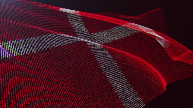 3d render. Denmark digital flag with binary code texture flies in the wind. Seamless loop.