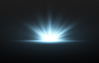 Vector blue flash of light. Blue light, rays, vector glow. Light png. Beginning, dawn, sunrise, vector glow.