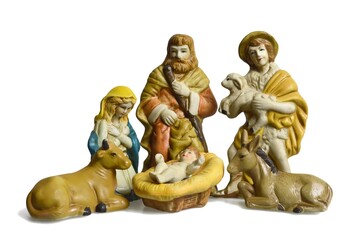 Nativity scene with holy family and shepherd isolated on white background